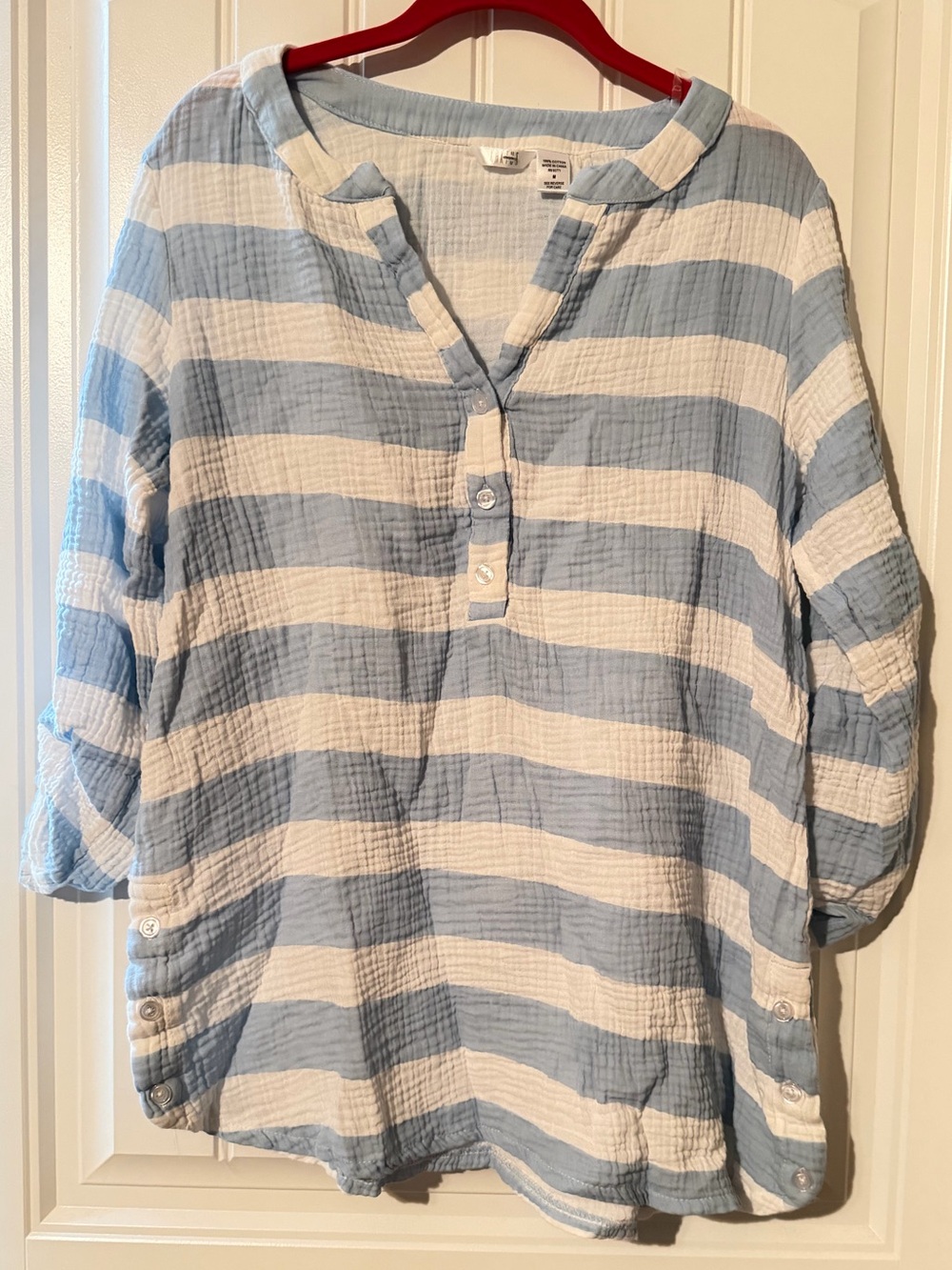 KAKTUS blue and white striped tunic top featuring 3/4 sleeves size S 100% cotton